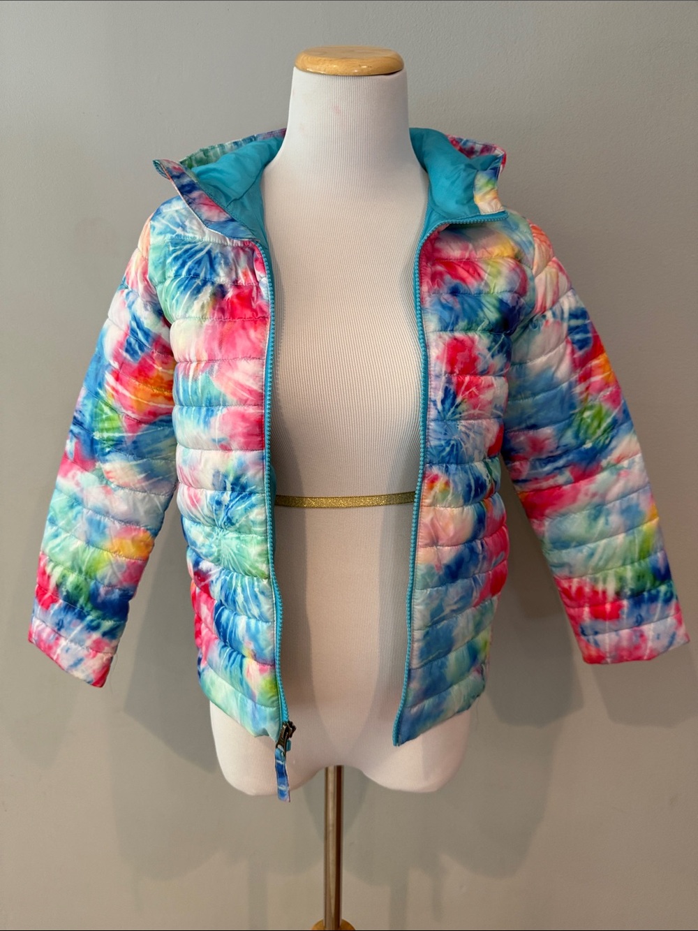 Lands' End Kids Multicolor Tie-Dye Puffer Jacket - Blue, Pink, Green- Med / 8